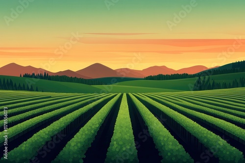 Wallpaper Mural Illustration of a green field with rows of newly planted trees Torontodigital.ca