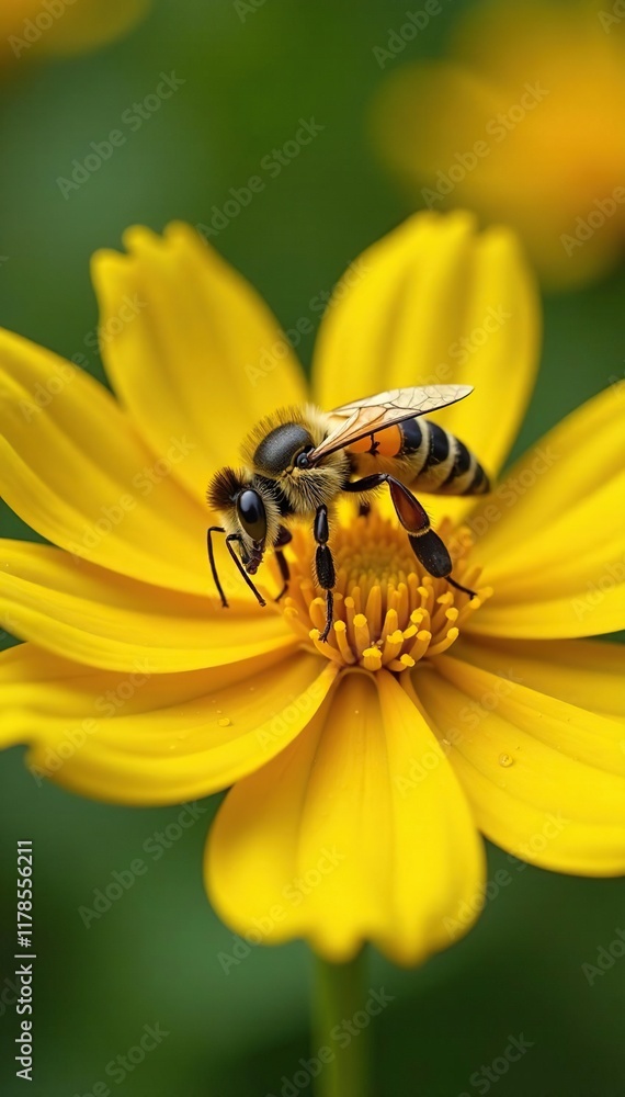Yellow bee covered in pollen on bright yellow flower, honey, bee, bees Yellow bee covered in pollen on bright yellow flower, honey, bee, bees