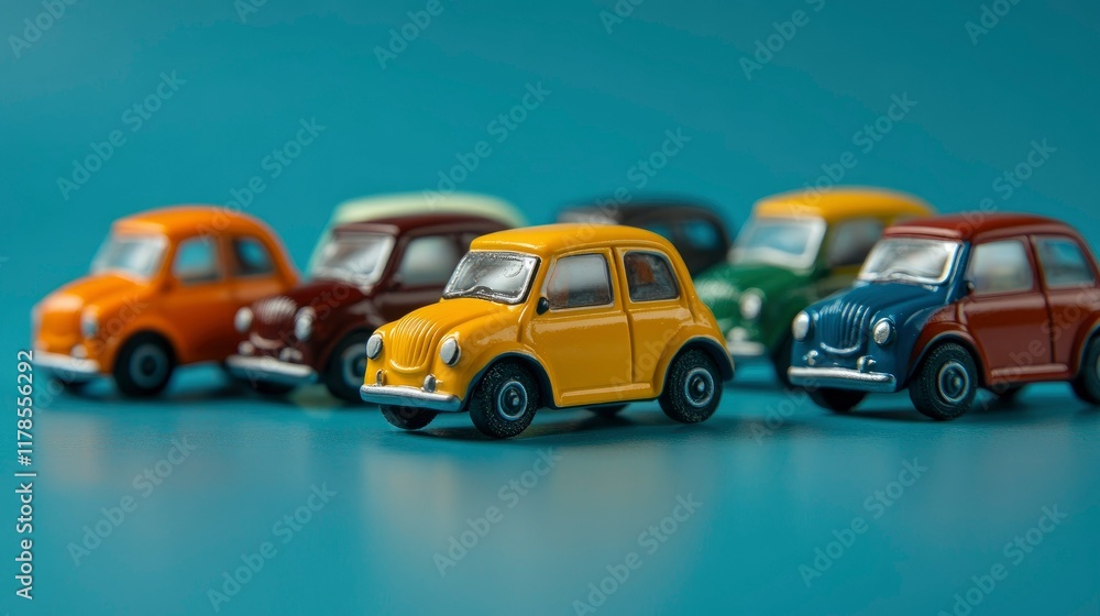 Colorful Miniature Retro Cars in a Row on Blue Background Colorful Miniature Retro Cars in a Row on Blue Background