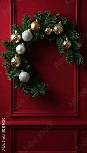 Dark green pine wreath adorned with sparkling gold and silver ornaments against a rich red velvet backdrop, silver, decor photo