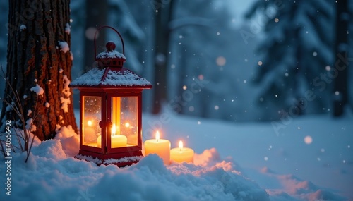 Flickering lanterns and candles cast a warm glow, candles, snow-covered woods, snowflakes falling