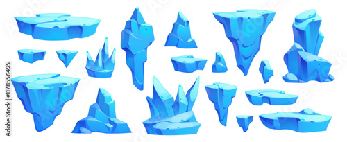 Cartoon ice crystals and frozen arctic iceberg, stalagmite blocks and icicles, vector game UI. Isolated pieces of blue ice, glacier, frozen water crystal and floe, icicles and snow mountain rocks