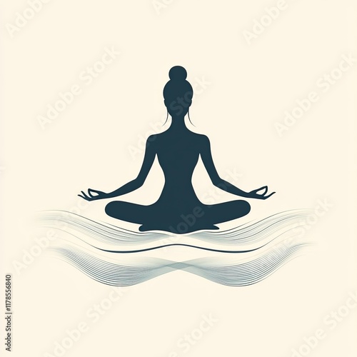 Serene woman meditating in lotus pose on stylized waves, minimalist silhouette design.