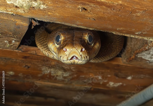 Close-Up of a Snake Peeking Out from Underneath a Wooden Floorboard, Showcasing Intricate Scales and Unique Facial Features in a Natural Habitat photo