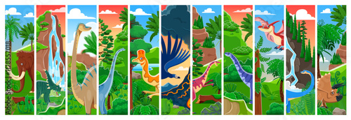 Prehistoric dinosaurs collage at jungle forest landscape vector background. Cartoon jurassic dino characters of prehistoric reptiles and birds, cute mammoth, pteranodon, triceratops and diplodocus