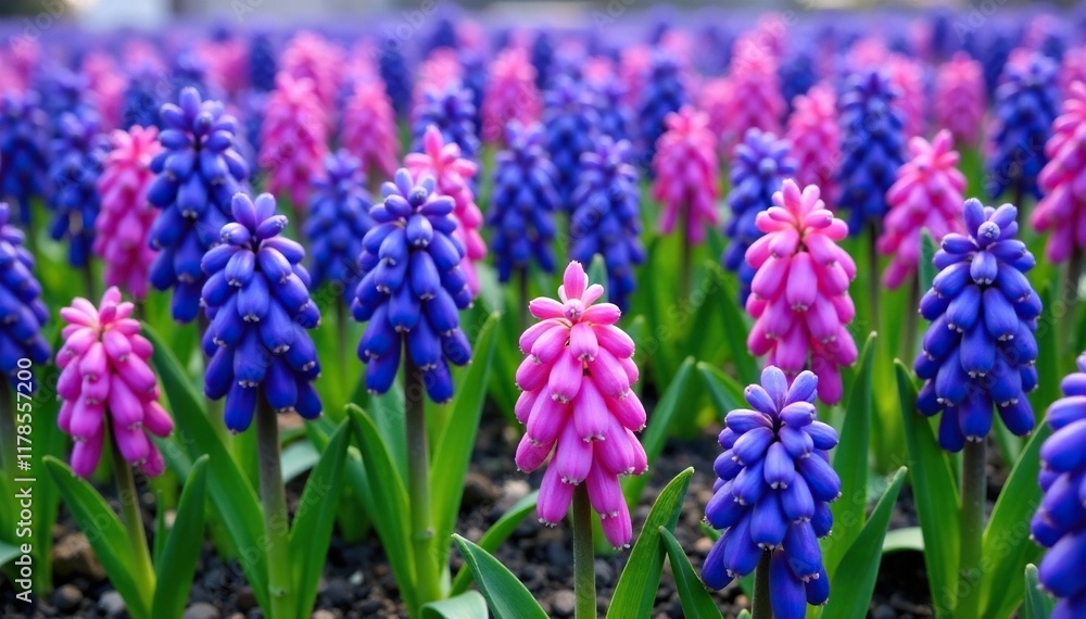 A mass of purple and blue hyacinths in a field, greenery, garden beds A mass of purple and blue hyacinths in a field, greenery, garden beds