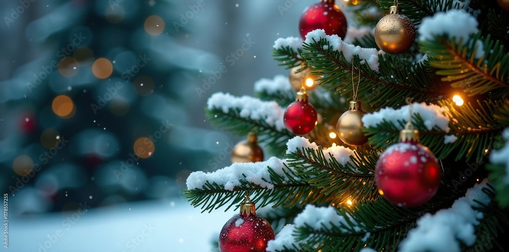Gentle snowfall blankets a Christmas tree with sparkling ornaments and evergreen foliage, festive decor, sparkly atmosphere, evergreen Gentle snowfall blankets a Christmas tree with sparkling ornaments and evergreen foliage, festive decor, sparkly atmosphere, evergreen