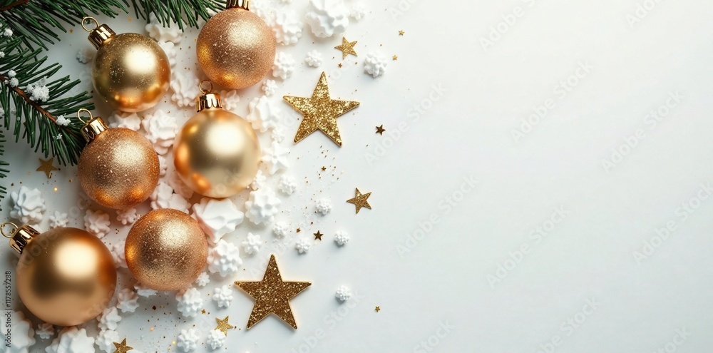 Glittering golden ornaments scattered on a snowy white background, festive, ornament, shine Glittering golden ornaments scattered on a snowy white background, festive, ornament, shine