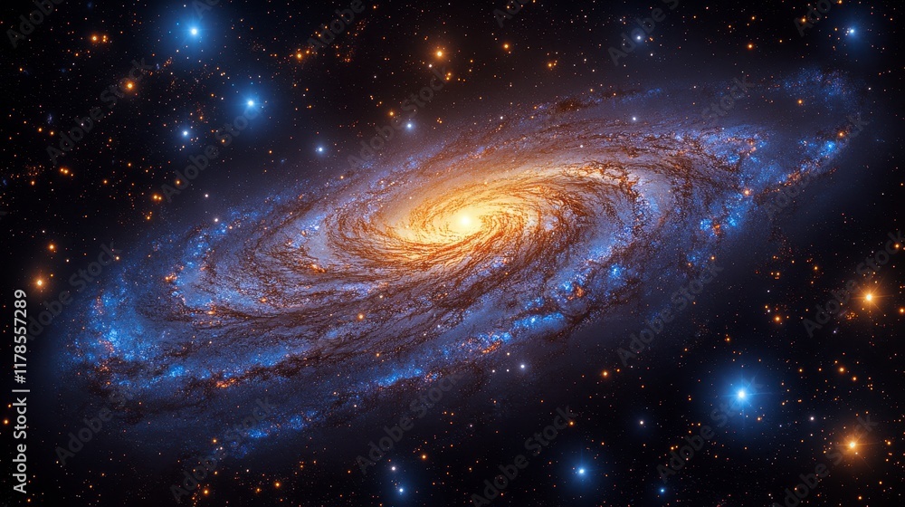 Spiral galaxy in deep space with bright stars. Spiral galaxy in deep space with bright stars.