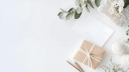 Flat lay composition with gift boxes, eucalyptus branches and eucalyptus leaves on white background. Top view, copy space