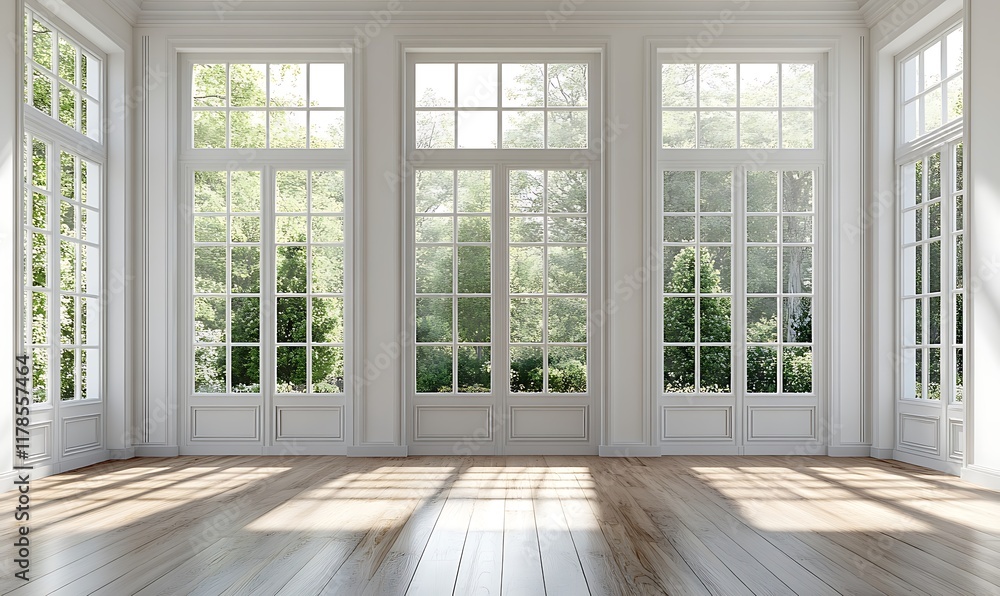 Fototapeta premium Sunlit, empty room, wood floor, large windows, white walls