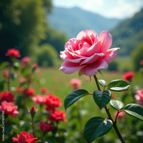 Rosa de primavera con flores rojas cerca del suelo, primavera, paisaje