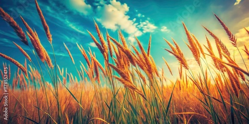 Vintage Tall Fescue Meadow Photo - Blue Sky Background, Closeup Grass, Rustic, Nature Photography photo