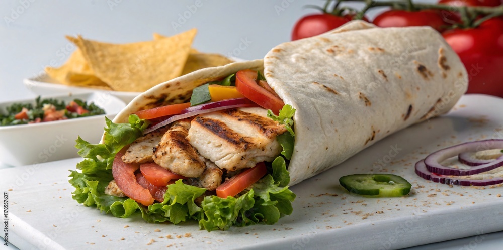 Fresh Grilled Chicken Wrap with Vibrant Ingredients and Mexican Flair V7 Fresh Grilled Chicken Wrap with Vibrant Ingredients and Mexican Flair V7