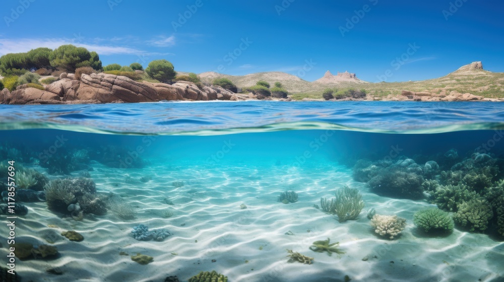 A cinematic split-view image of Sardinia’s crystal-clear waters, showcasing a tranquil Mediterranean beach A cinematic split-view image of Sardinia’s crystal-clear waters, showcasing a tranquil Mediterranean beach