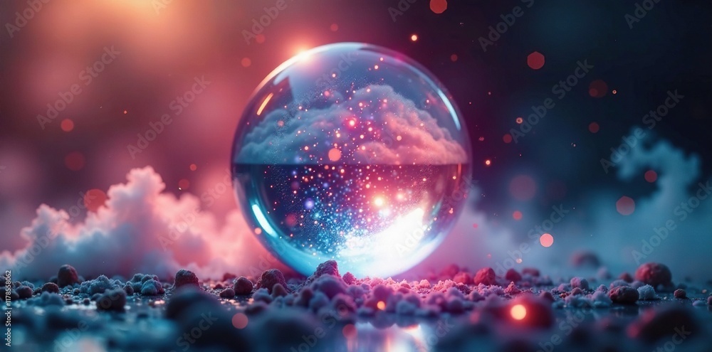 A crystal ball filled with shimmering, smoky mist, reflective, cloudy, glowing A crystal ball filled with shimmering, smoky mist, reflective, cloudy, glowing