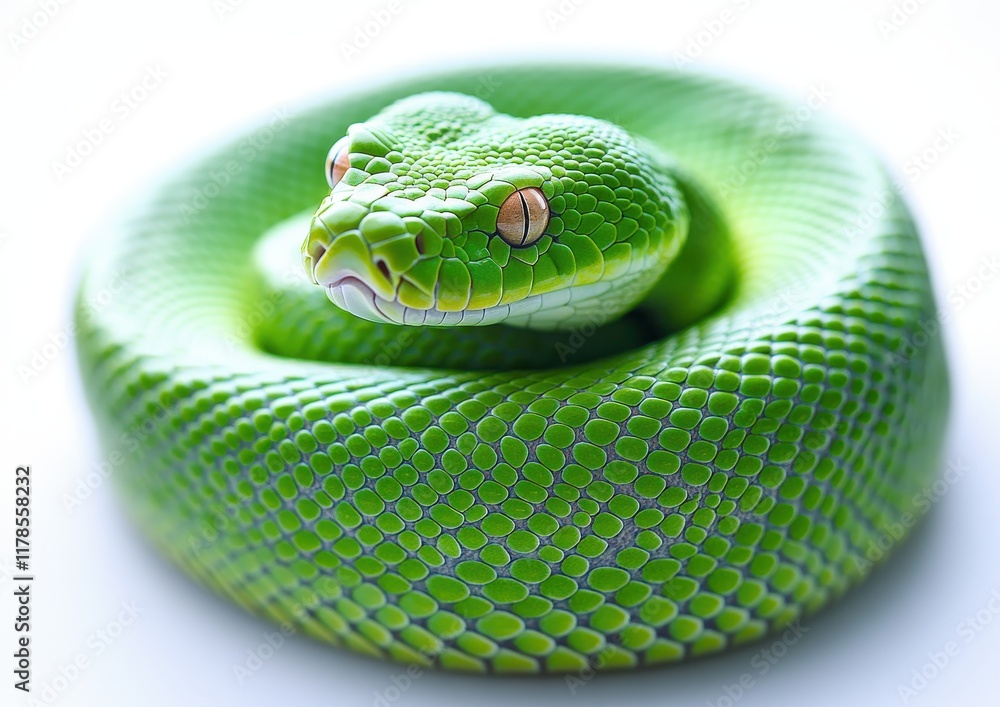 Obraz premium Close-Up of a Vibrant Green Snake in a Natural Pose, Showcasing Intricate Scale Patterns and Captivating Eyes Against a Soft Background