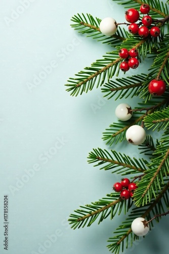 Fresh fir branches decorated with white and multicolored berries, berry clusters, garland, wintergreen photo