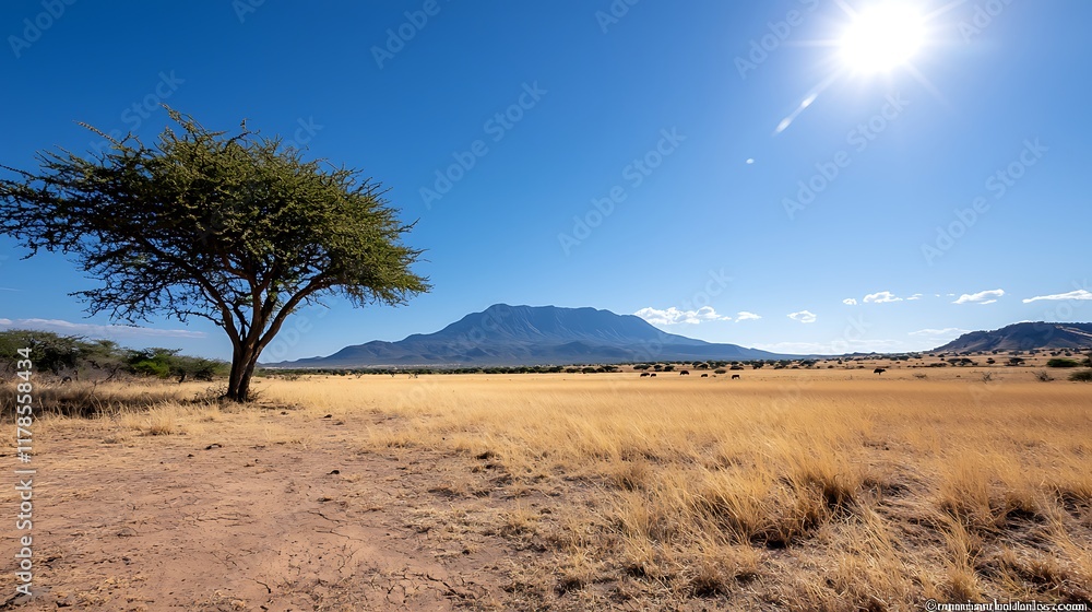 Solitary acacia tree in vast African savanna landscape under bright sun, mountain in background. Solitary acacia tree in vast African savanna landscape under bright sun, mountain in background.