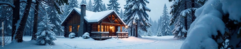 A cozy cabin nestled in the snow-covered forest, forest, winter A cozy cabin nestled in the snow-covered forest, forest, winter