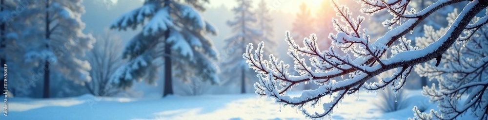 Frosty branches sway gently in the cold winter breeze, snow covered trees, wintry scenery Frosty branches sway gently in the cold winter breeze, snow covered trees, wintry scenery