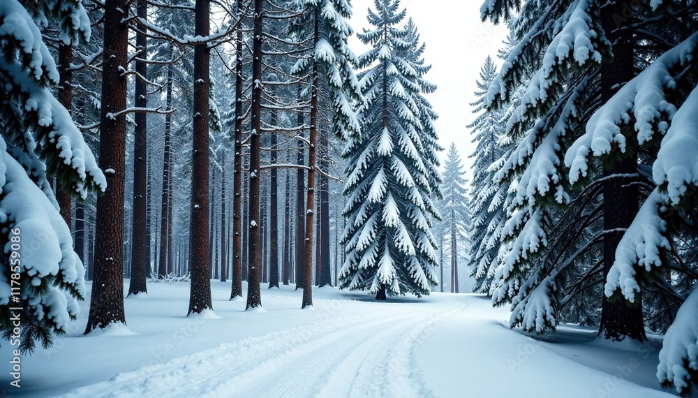 Naklejka premium Dense fir tree forest with snow-covered trunks and branches, Trees Under Snow, Winter Landscape