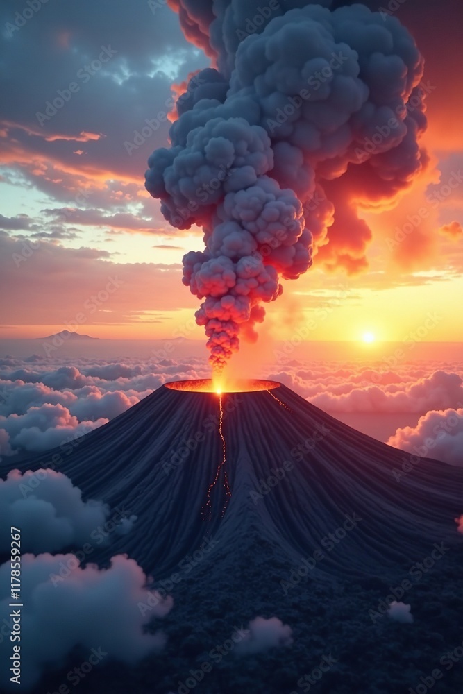 Fototapeta premium Smoke rising from a volcanic crater at sunset, clouds, atmosphere