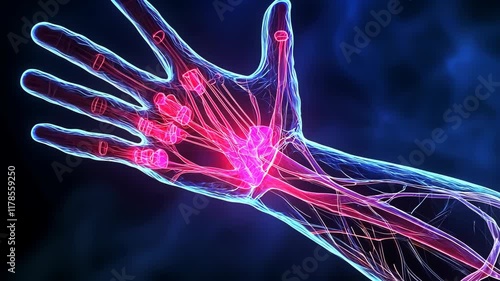 Visualization of human hand anatomy highlighting nerves and blood vessels with neon colors