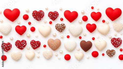 Red and white heart shaped candies on white background