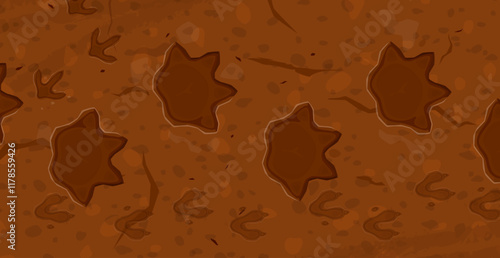 Prehistoric era dinosaur fossil footprints. Jurassic era animal archeology stone imprint, prehistory monster claws ground trace or extinct dinosaurs evolution museum fossil track vector background