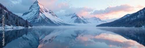 Wallpaper Mural Frosty peaks mirrored in the still water of a serene lake on a cloudy winter morning, dawn, mountain, frozen Torontodigital.ca