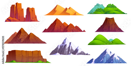Cartoon mountains and hills, snow peaks and rocks, sand dunes and volcano isolated icons. Vector nature landscapes with stone cliffs, ice ranges, desert canyon and green valley, cartoon mountains set