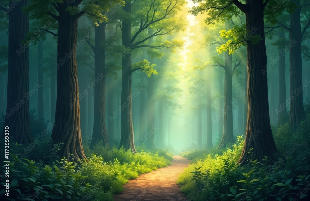 Obraz premium Sunlight streams through rich forest canopy illuminating pathway. Tall trees with vibrant green foliage line path. Calm, serene nature scene. Tranquil pathway winds through verdant forest. Dense