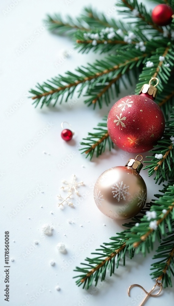 Ornate pine branches and glass ornaments on a snowy white background, white background, crystal, winter Ornate pine branches and glass ornaments on a snowy white background, white background, crystal, winter
