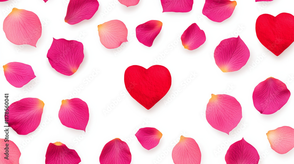 Red heart surrounded Valentine by pink petals on white background Red heart surrounded Valentine by pink petals on white background