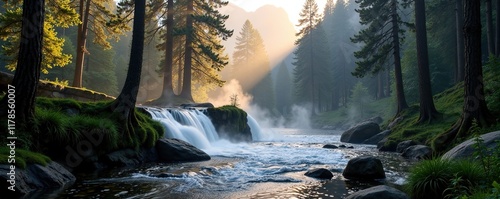 Mist rises from small waterfalls as sunlight breaks through trees in serene Yosemite Valley scene, yosemite valley, foliage