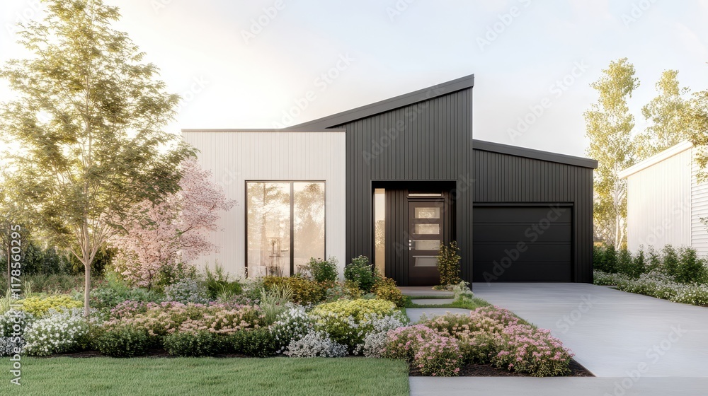 Contemporary Black and White Home with Vibrant Garden Landscaping Contemporary Black and White Home with Vibrant Garden Landscaping