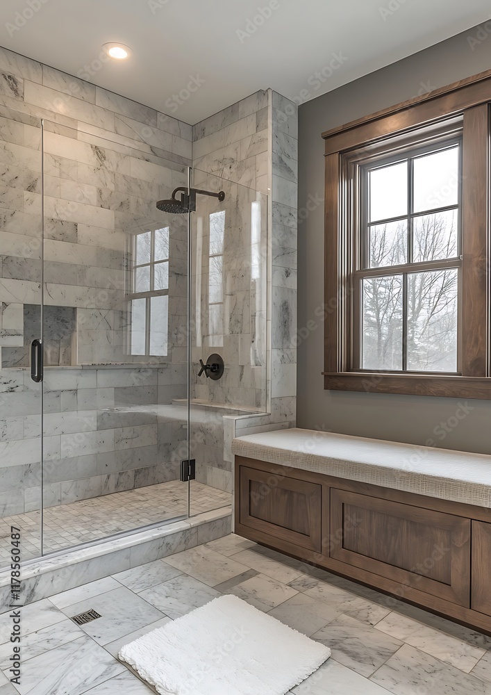 Modern Marble Bathroom with Shower and Window Seat Modern Marble Bathroom with Shower and Window Seat