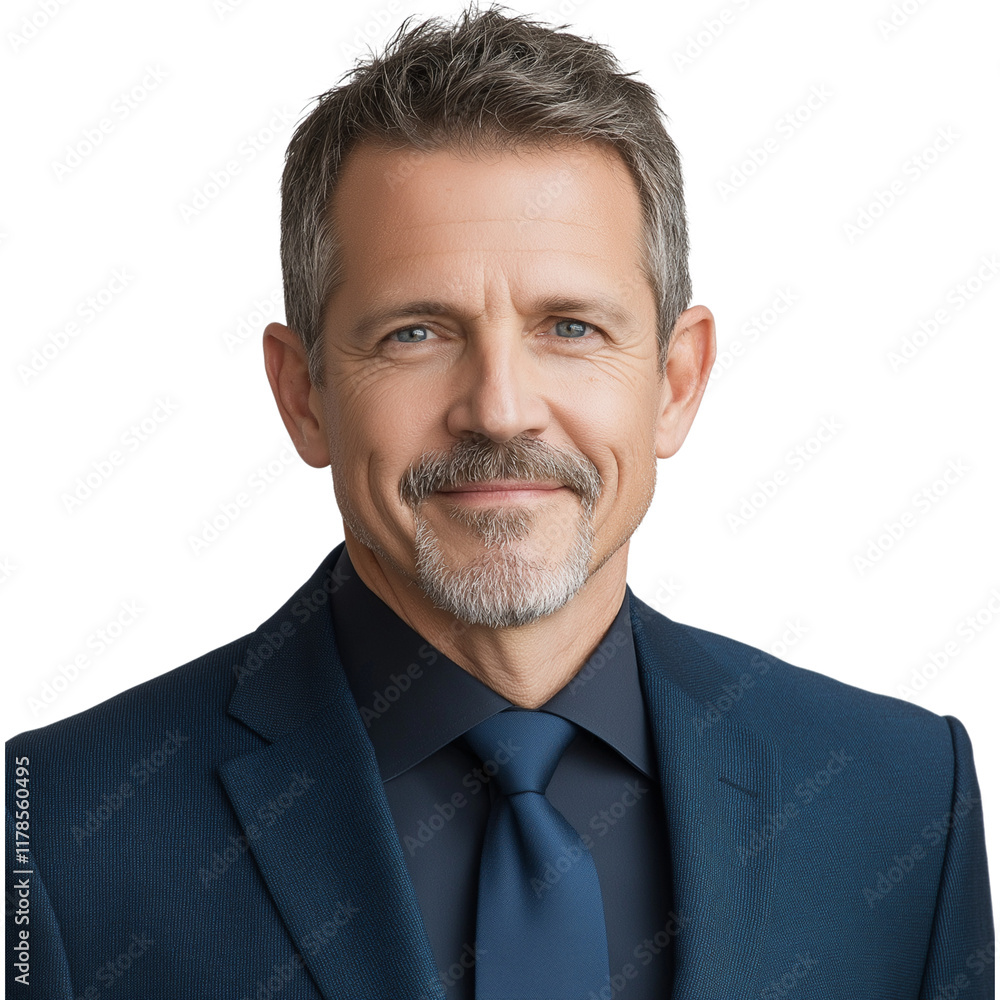 A professional headshot of a middle-aged man in a dark blue suit, with short hair and a gray goatee, smiling at the camera against a white transparent background png A professional headshot of a middle-aged man in a dark blue suit, with short hair and a gray goatee, smiling at the camera against a white transparent background png