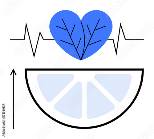 Blue heart with leaf veins heartbeat line citrus slice and arrow. Ideal for health, wellness, nutrition, vitality, growth, nature, balance. Line metaphor