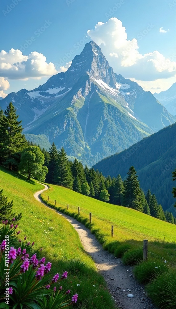 Naklejka premium serene landscape with Bieszczady Mountain in distance, scenery, peaceful