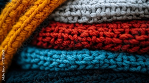 Stack of Colorful Knitted Fabrics, Close-up Texture