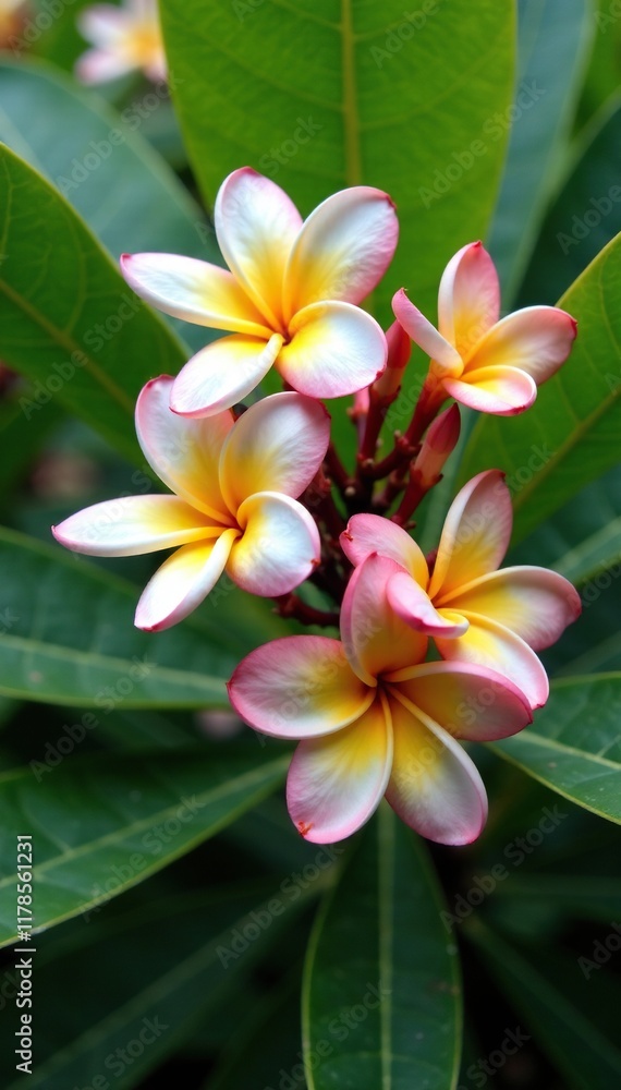 Frangipani tree in full bloom with clusters of buds and flowers, gardenia, leafy Frangipani tree in full bloom with clusters of buds and flowers, gardenia, leafy