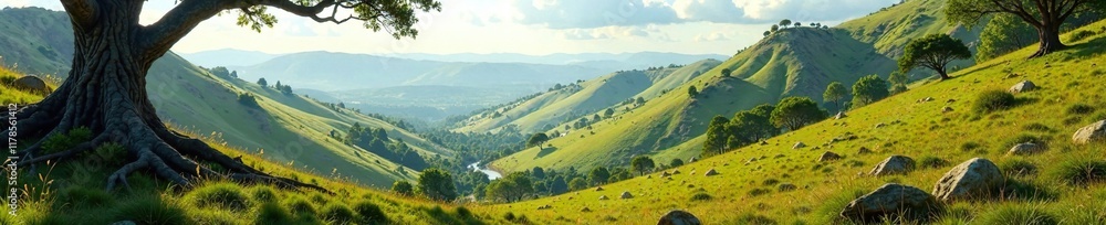 Rolling hills of rough terrain with grassy slopes and twisted tree trunks, wilderness, rugged terrain Rolling hills of rough terrain with grassy slopes and twisted tree trunks, wilderness, rugged terrain