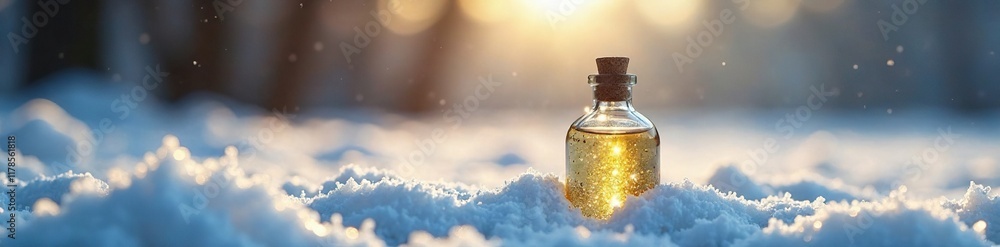Frosty morning scene with delicate golden bottle resting on snow, serene, icy, crystal Frosty morning scene with delicate golden bottle resting on snow, serene, icy, crystal