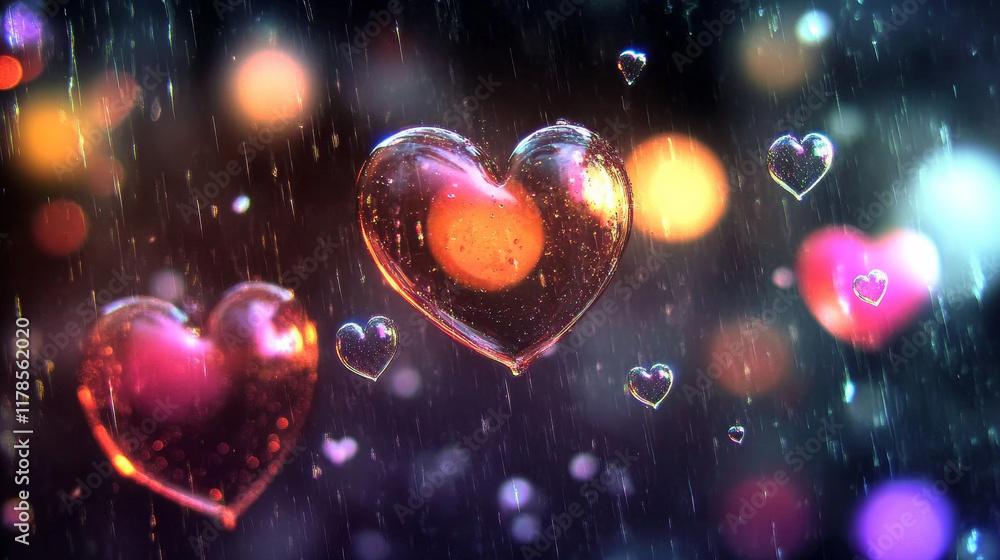 Glowing hearts in dreamy, colorful rain scene Glowing hearts in dreamy, colorful rain scene
