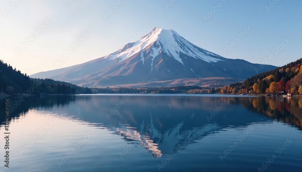 The snow-capped mountain rises above the still waters of a picturesque lake, landscape, still The snow-capped mountain rises above the still waters of a picturesque lake, landscape, still
