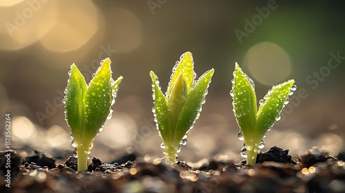 A close-up of raindrops on budding plants, with the backdrop of still-frosted ground, emphasizing the renewal and growth that comes with the seasonal change