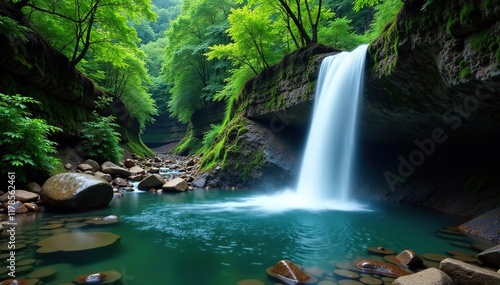 Water cascading down a steep cliff into a tranquil pool at the bottom of a canyon, forest pools, canyon photo