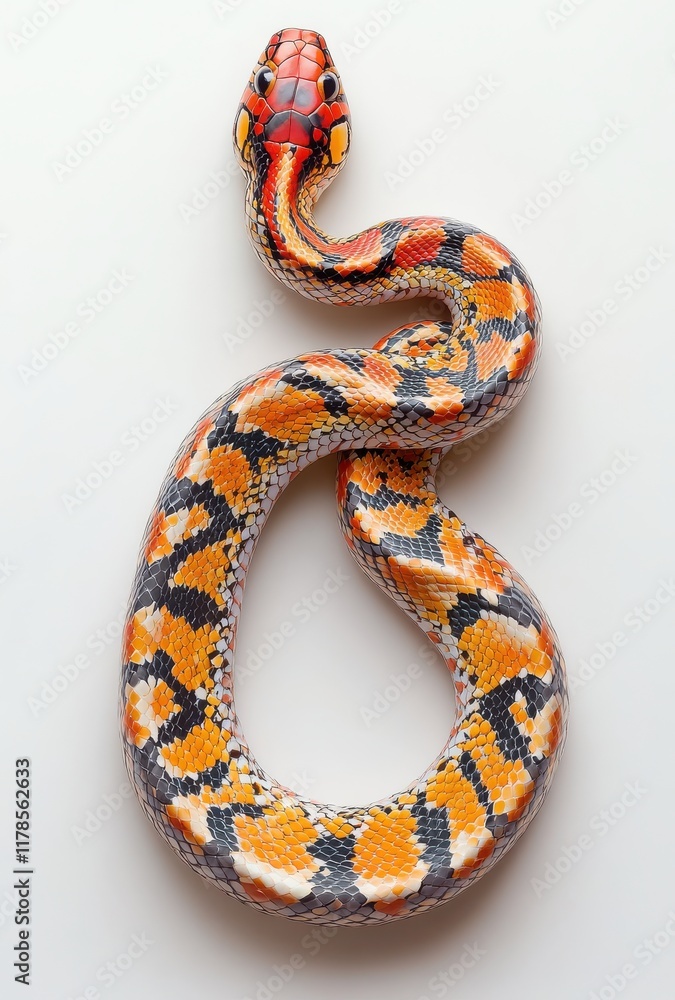 Naklejka premium Colorful snake on a white background showcasing vibrant scales and unique patterns, perfect for wildlife enthusiasts or educational materials about reptiles.